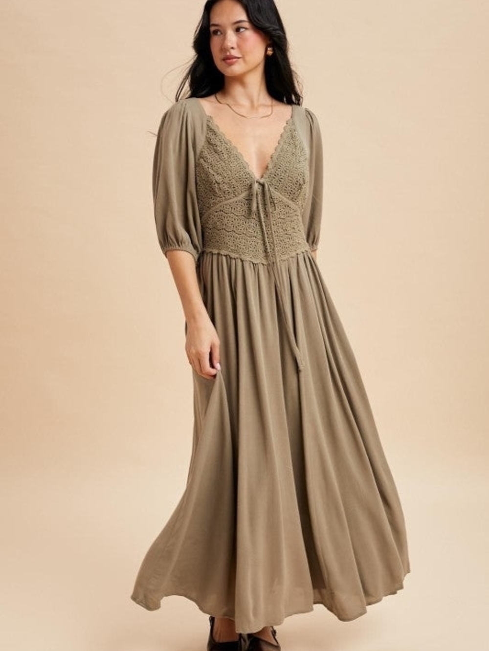 Crochet Bodice Maxi Dress in Olive with Puff Sleeves - Picture 2 of 13